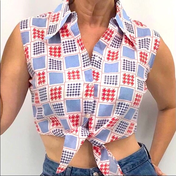 Vintage Tops - Vintage 50’s Pinup Sleeveless Button Up Tie Front Cropped Top Shirt Blouse